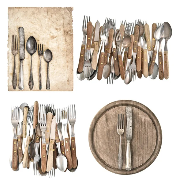 Aged paper, antique kitchen utensils and vintage silver cutlery — Stock Photo, Image