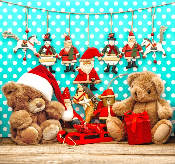 Christmas decorations with vintage toys and teddy bear — Stock Photo, Image