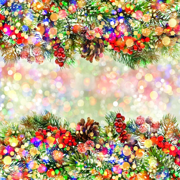 Christmas tree branch decoration with multicolored defocused lig — Stock Photo, Image