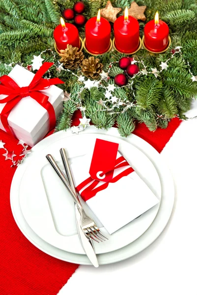 Christmas table place setting decoration with four candles — Stock Photo, Image