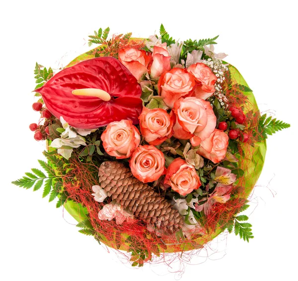 Bouquet of red roses with decorations — Stock Photo, Image