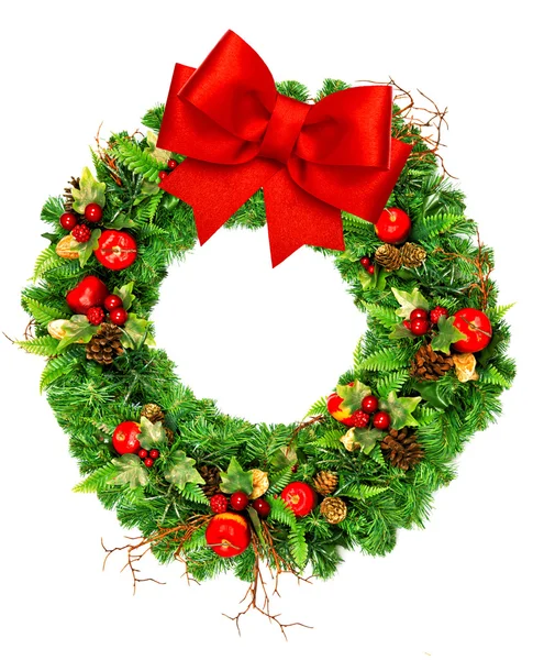 Christmas Krans med rött band bow isolerade på vit — Stockfoto