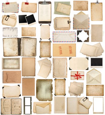 aged paper, books, pages and old postcards isolated on white clipart
