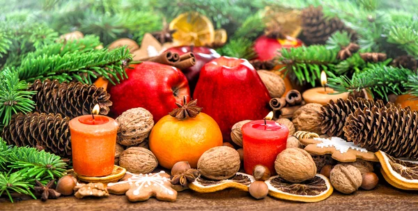 Christmas decorations and Fruits — Stock Photo, Image