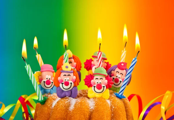 Birthday cake with burning candles decoration — Stock Photo, Image