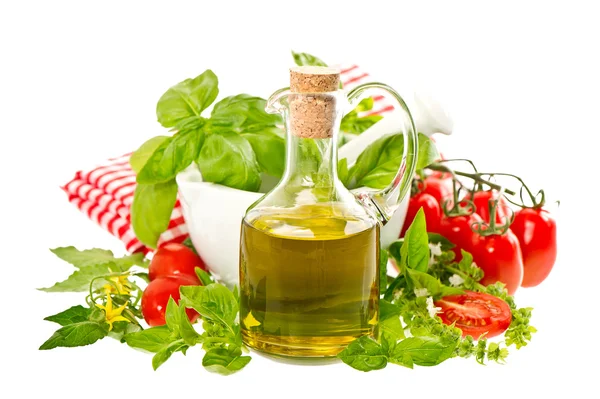 Olive oil with fresh basil and tomatoes. food background — Stock Photo, Image