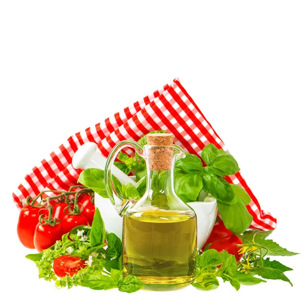 Olive oil with basil and tomatoes. italian food ingredients — Stock Photo, Image