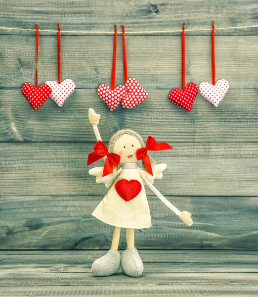 Funny Girl with Red Heart. Valentines Day decoration — Stock Photo, Image