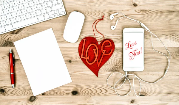 Office Working Place with Red Heart. Valentines Day. Love You — Stock Photo, Image