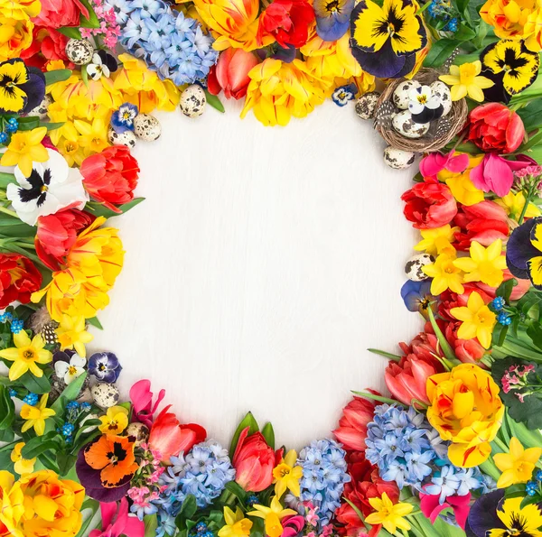 Flores de primavera e ovos de Páscoa. — Fotografia de Stock