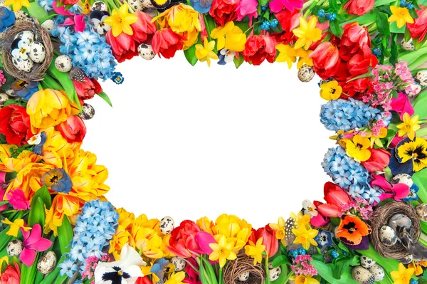 Фон з весняних квітів і великодніх яєць — стокове фото