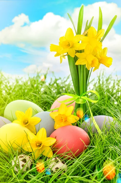 Decoração de ovos de Páscoa e flores narcisos . — Fotografia de Stock
