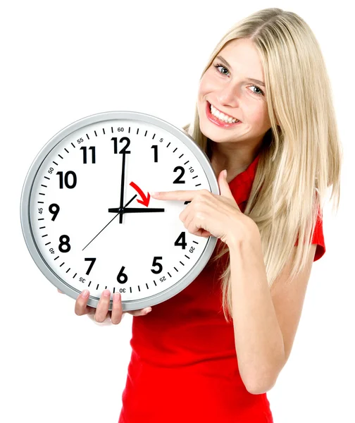 Uma jovem com um relógio. Conceito de gestão do tempo — Fotografia de Stock