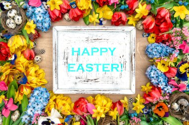 Holidays background with spring flowers and easter eggs. Happy E