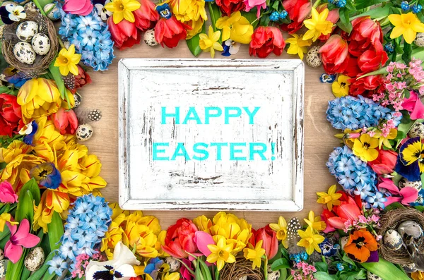 Holidays background with spring flowers and easter eggs. Happy E — ストック写真