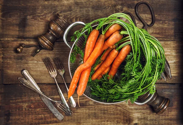 Zanahorias frescas con hojas verdes. Hortalizas. Concepto de comida saludable — Foto de Stock