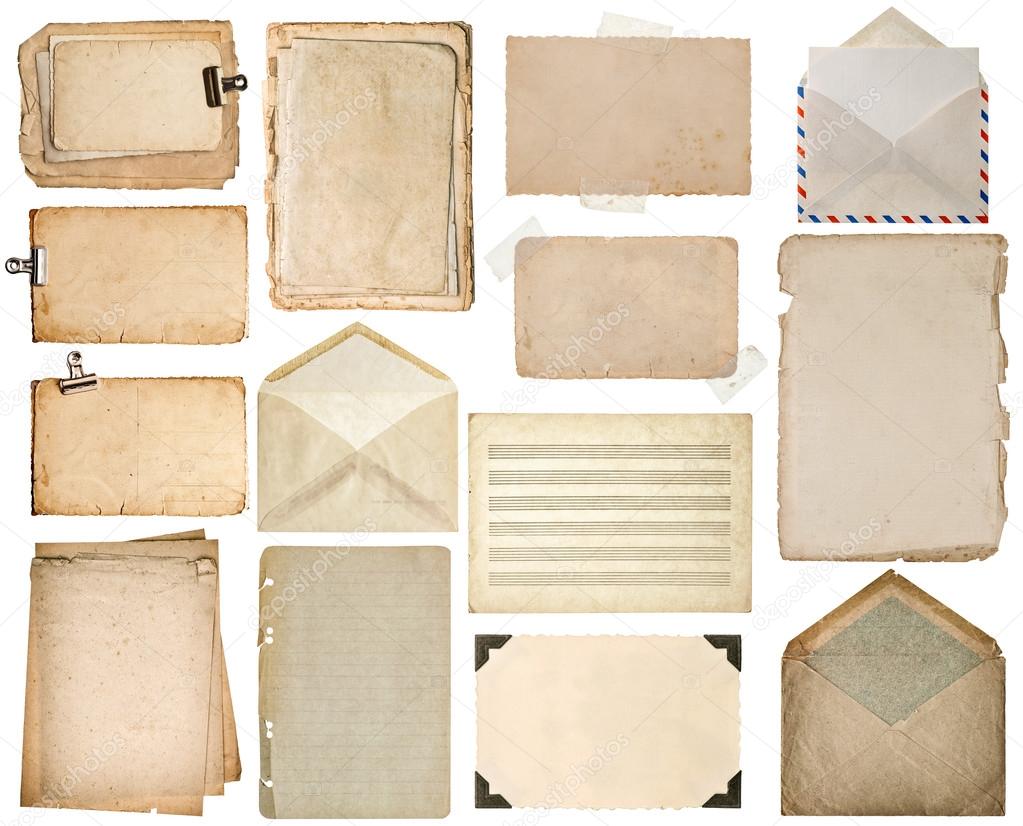 Used paper sheets. Old book pages, cardboards, music notes, enve
