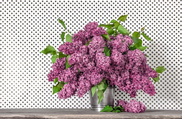 Boeket van lila bloemen op polka dot wallpaper achtergrond — Stockfoto