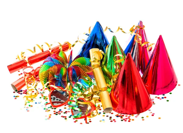 Guirlandes, banderoles, chapeaux de fête et confettis. Décoration festive — Photo
