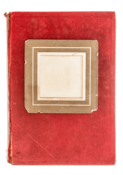 Red textile book cover with vintage photo frame — Stok fotoğraf