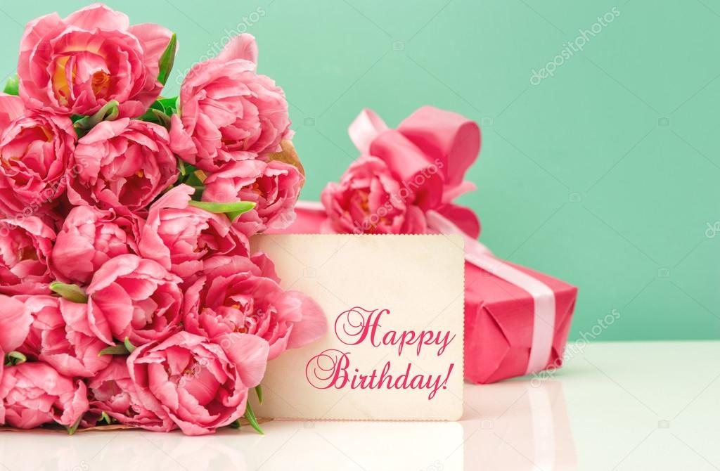 Pink tulips, gift ang greeting card Happy Birthday