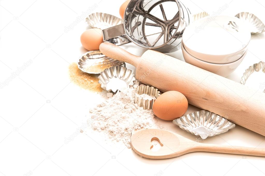 Baking ingredients and tolls for dough. Flour, eggs, rolling pin