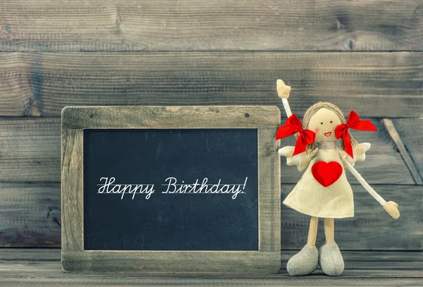 Cute doll with Red Heart. Lovely Birthday decoration. Holidays c — Stock Photo, Image