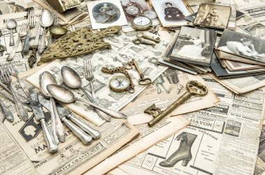 Antique french and german collectible goods. Flea market clipart