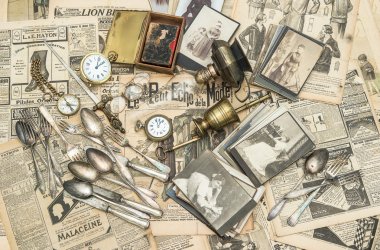 Antique french and german home accessories. Flea market clipart