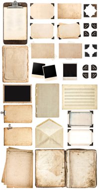 Used paper sheets, book, vintage photo frames and corners, antiq