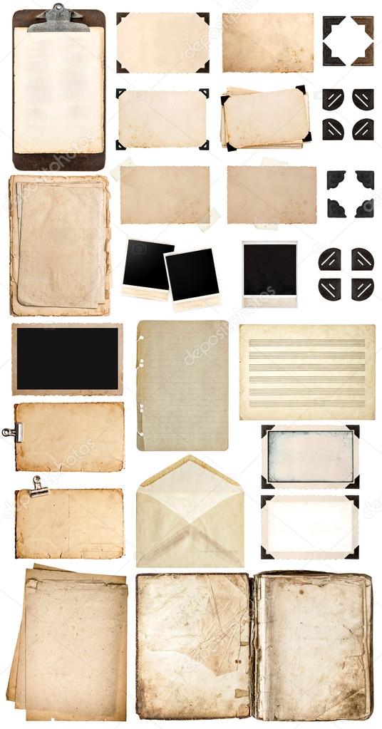 Used paper sheets, book, vintage photo frames and corners, antiq