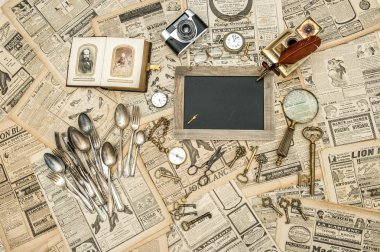 Antique accessories and utensils prepared for sale. Flea market clipart