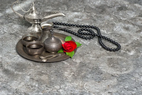 Moroccan coffee, rose flower, arabian lantern, rosary. Islamic h — Stock Photo, Image