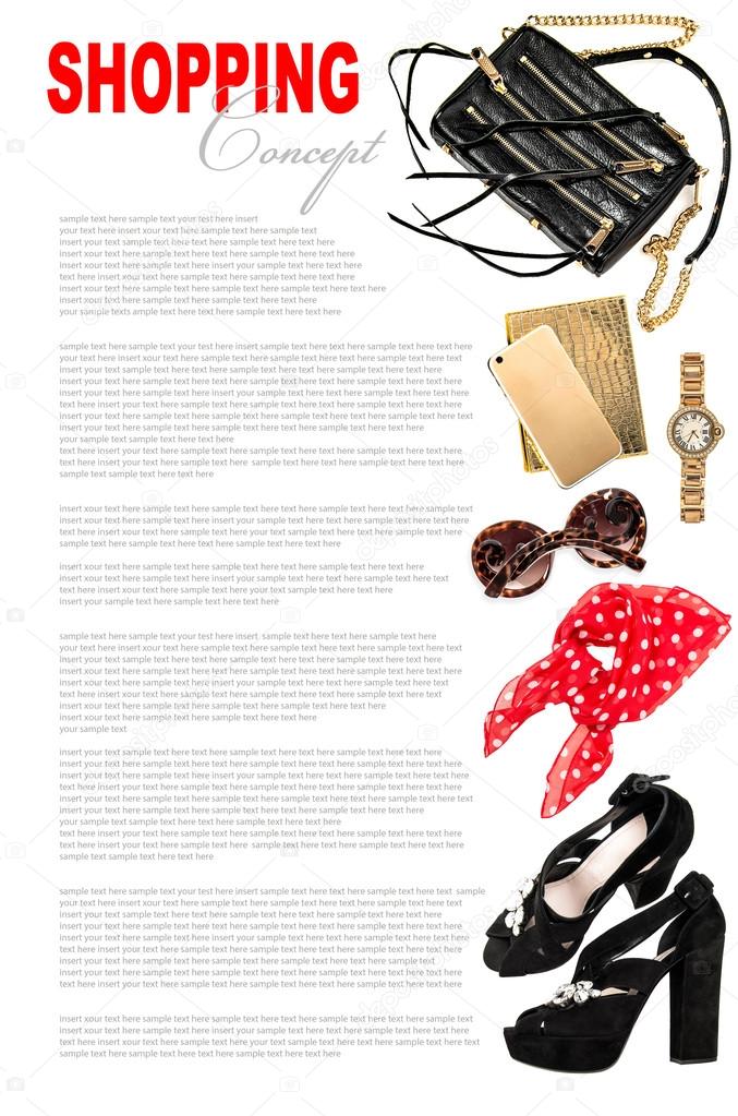 Fashion concept with business lady accessories. Feminine shoppin