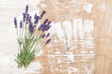 Lavender flowers on wooden background. Fresh blossoms