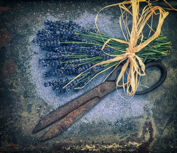 Lavender flowers over rustic metal background. Vintage style