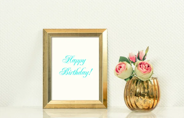 Picture mock up with golden frame amd flowers. Happy Birthday — Φωτογραφία Αρχείου