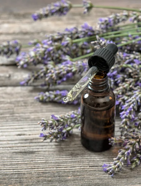 Perfumed herbal oil essence and lavender flowers — Stock Photo, Image