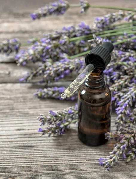 Perfumado essência de óleo de ervas e flores de lavanda — Fotografia de Stock