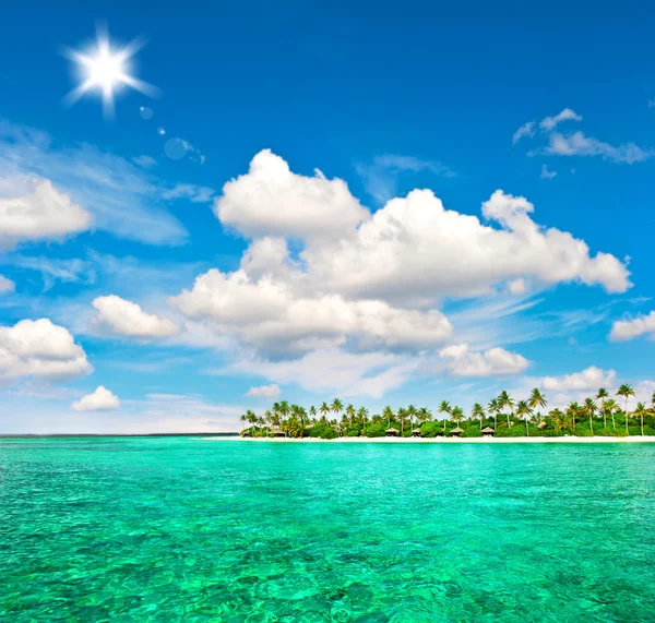 Praia tropical com palmeiras e céu azul ensolarado — Fotografia de Stock