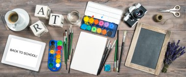 School supplies, tolls and accessories. Watercolor, brushes, dig