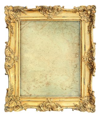 Golden baroque style picture frame with canvas. Vintage object