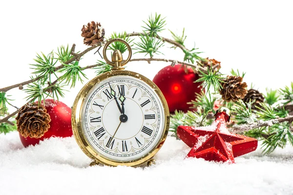 Vintage christmas decoration antique golden clock and red bauble — Stock Photo, Image