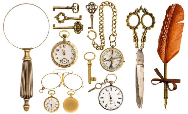 Collection of golden vintage accessories and antique objects — Zdjęcie stockowe