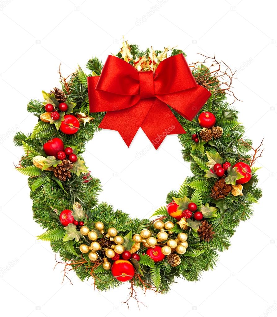 Christmas wreath with red ribbon bow and golden decorations