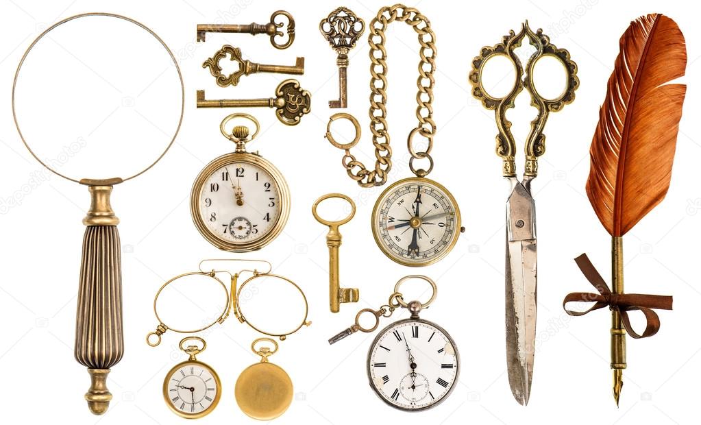 Collection of golden vintage accessories and antique objects