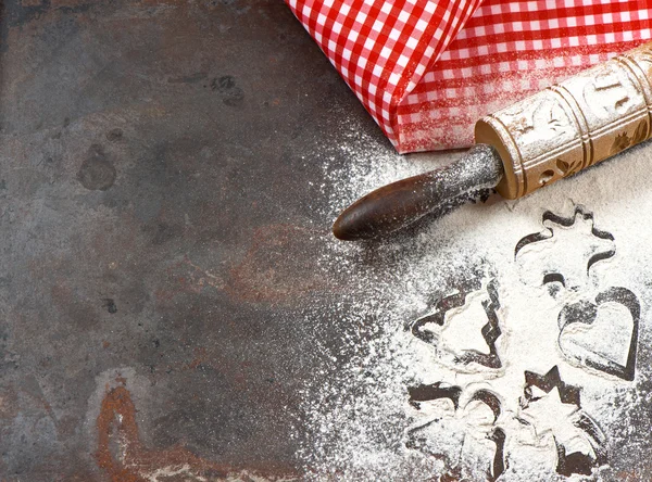 Flour, rolling pin and red napkin. Christmas holidays concept — Zdjęcie stockowe