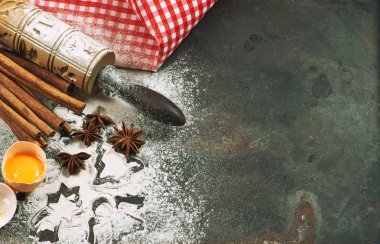 Christmas holidays food. Baking ingredients and tolls