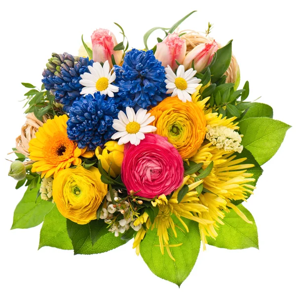 Bouquet di fiori primaverili. Tulipano, ranuncolo, giacinto, margherita, gerbo — Foto Stock