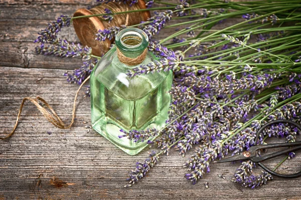 Herbal lavender oil with fresh flowers bouquet on wooden backgro — Stock Photo, Image